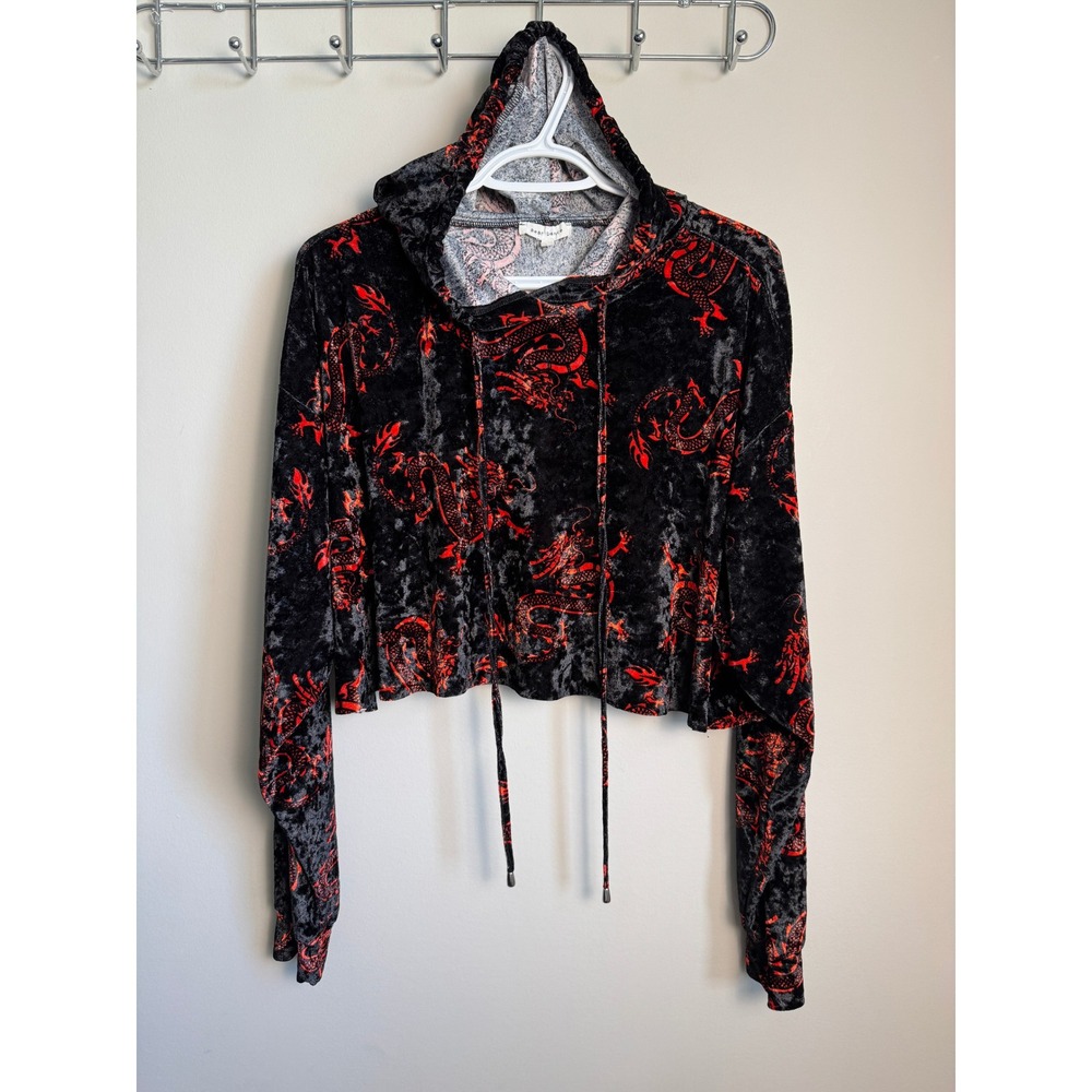 Bear Dance Dragon Print Velvet Cropped‎ Hoodie Black Red L Y2K Grunge Streetwear